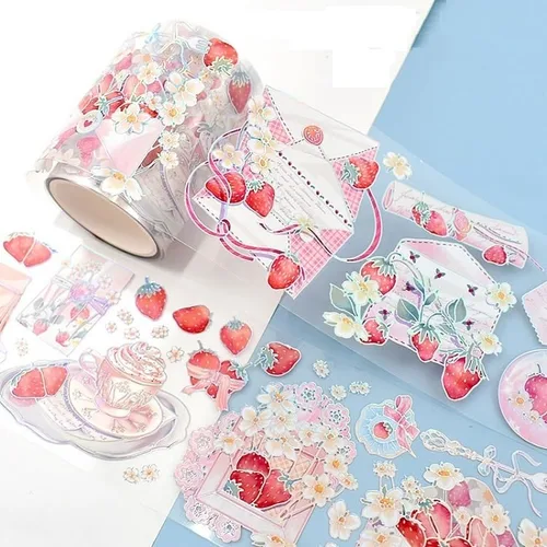 Vista 5 de Cinta washi de rosa para collage original de flores, creatividad, hecha a mano, para libro de diario, material PET con efecto láser (90387)