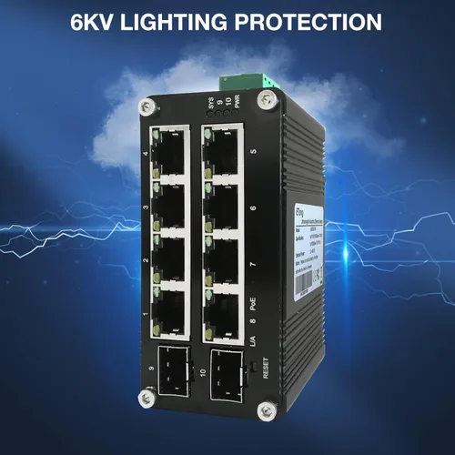 Vista 5 de Interruptor Gigabit industrial de 8 puertos con 2 enlaces ascendentes Gigabit SFP, conmutador de red Ethernet de carril Din-Rail Capacidad
