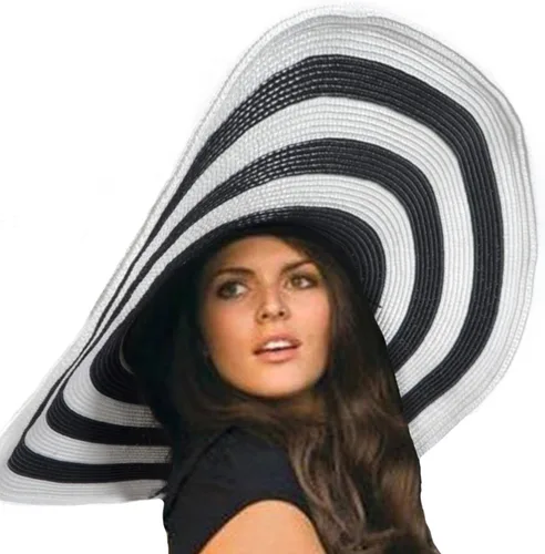 Vista 6 de VECRY Sombrero de paja de ala ancha para mujer, sombrero de playa plegable, gorra de verano UPF 50+ 6.7 in-beige/blanco