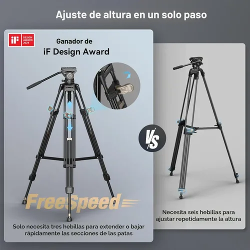 Vista 2 de SmallRig AD-80 FreeBlazer - Sistema de trípode de video resistente, 75 pulgadas de alto, cabezal fluido, ajuste de altura de un solo paso, placa QR