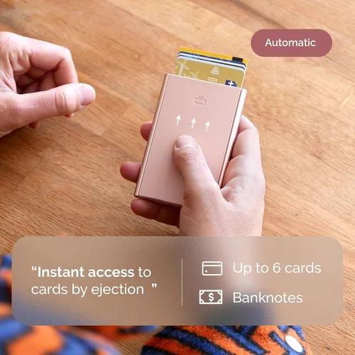 Vista 17 de ÖGON -DESIGNS- Tarjetero automático de aluminio, protección RFID contra fraude y desmagnetización, cartera delgada y minimalista para hombres