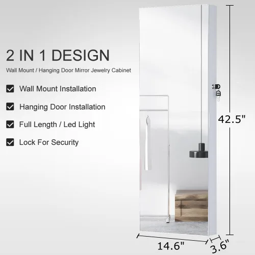 Vista 2 de GISSAR Armario de joyería con espejo de 6 LED, organizador de joyas montado en la paredpuerta con espejo de longitud completa, gabinete colgante