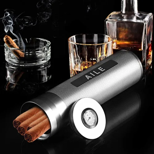Vista 7 de AILE Humidor de acero inoxidable para cigarros, tubo de viaje plateado para 3 a 4 puros, estuche portátil para puros, higrómetro de cigarros, gran
