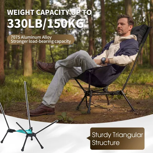 Vista 3 de MOON LENCE Silla de camping plegable de respaldo alto, silla compacta portátil de 330 libras con asiento ancho y respaldo ergonómico (negro)