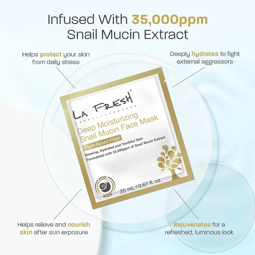 Vista 3 de La Fresh Máscara de hoja de mucina de caracol hidratante profunda, máscara facial de hidratación y resplandor con esencia de mucina de caracol, 10