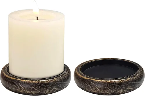 Vista 7 de Juego de 2 portavelas para velas de pilar, plato de vela de madera de granja, soporte de vela de madera rústica, bandeja de velas decorativa