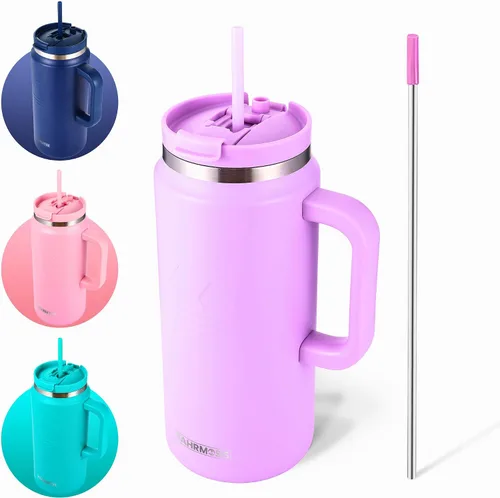 Vista 26 de FAHRMOSIS Vaso de 40 onzas con asa y pajita, taza aislada que cabe en el portavasos para bebidas frías y calientes, vaso a prueba de fugas