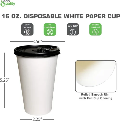 Vista 3 de Tazas de café desechables de papel blanco de 16 onzas con tapas planas negras, vasos de papel reciclables para bebidas calientes/frías con tapas