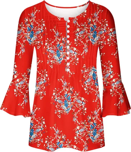 Vista 20 de Ceboyel Blusa tipo túnica con estampado floral para mujer, con botones, estilo Henley, con manga de codo, casual, trajes de moda para mujer