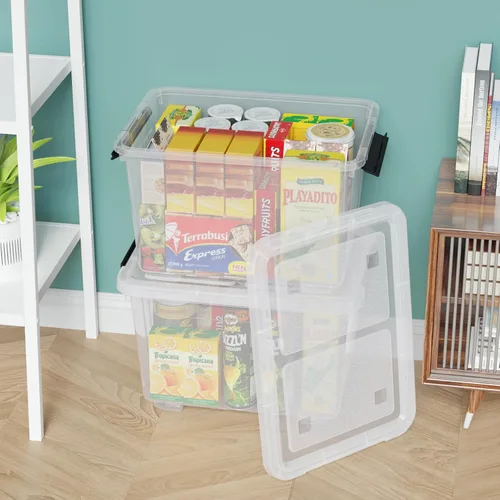 Vista 6 de Paquete de 4 cajas de almacenamiento con pestillo transparente de 30 litros, contenedores grandes de plástico con ruedas