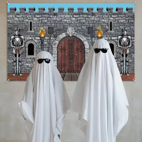 Vista 5 de Decoraciones medievales para fiestas, telón de fondo de pared de piedra con armadura de caballero, grande de 73 x 43 pulgadas, poliéster