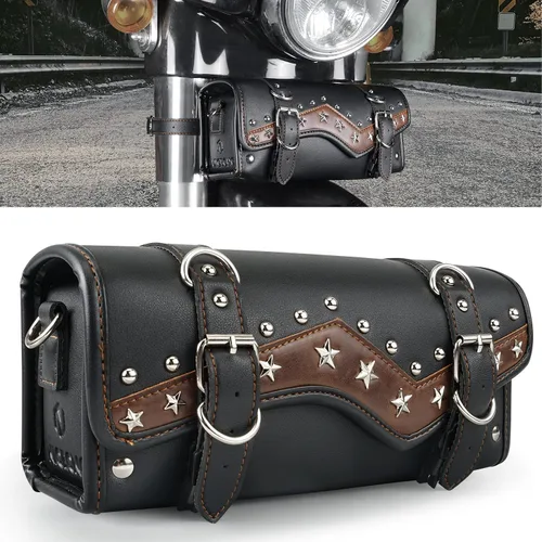 Vista 11 de NICECNC Bolsa de horquilla para motocicleta - Bolsa universal de herramientas de cuero PU con correas reforzadas, impermeable, negra