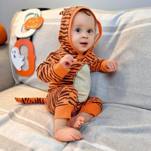 Vista 6 de AGQT Disfraz de tigre de bebé de una pieza con capucha para Halloween, talla 0-24 meses