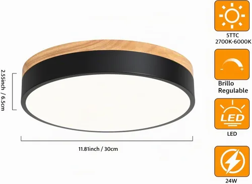 Vista 4 de Yiisem Lámpara de Techo LED de Madera Regulable Empotrada, 5CCT 2700K-6000K Moderna Negra de Montaje al Ras del Techo, Luminarias de Techo Redondas