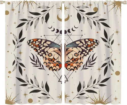 Vista 52 de Cortinas de mariposa de fantasía, polilla, sol, luna, estrella, arte floral, estampado floral, bolsillo para barra, cortinas opacas para ventana