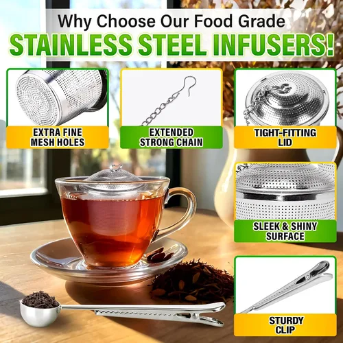 Vista 3 de Conjunto de 1 infusor de té grande, 2 infusores pequeños y cuchara con clip para bolsa - Infusor de acero inoxidable para té de hojas sueltas