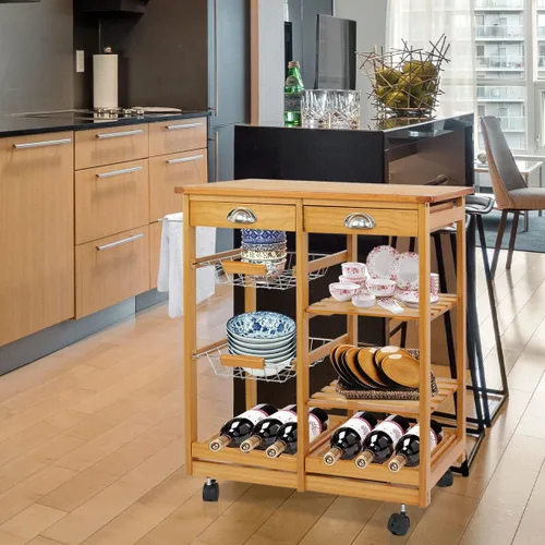 Vista 2 de Carrito de cocina con ruedas de 4 niveles, carrito de almacenamiento de cocina de madera, carrito de microondas con toallero, cajones, estantes