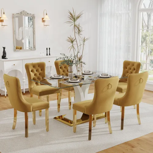 Vista 14 de Juego de comedor de cristal moderno de lujo de 7 piezas, juego de cena rectangular minimalista grande para 6, mesa de cocina de cristal transparente