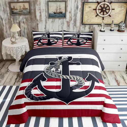 Vista 28 de Juego de edredón Lake House tamaño Twin, juego de ropa de cama náutica de navegación con ancla de 2 piezas para decoración de habitación de niños