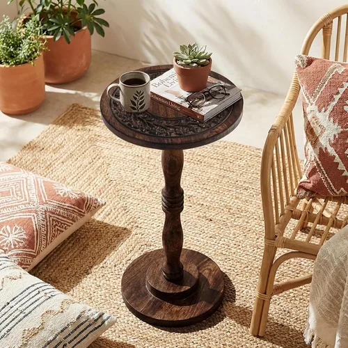 Vista 4 de Mesa auxiliar de madera rústica de 12 x 22 pulgadas, mesa auxiliar tallada a mano, mesa de noche con acabado quemado para dormitorio, mesa