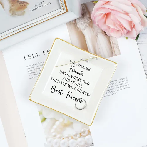 Vista 3 de NatuBeau Regalo para amigas para mujeres, seremos amigos hasta que estemos viejos y seniles, bandeja de joyería para amigas, regalos de amistad