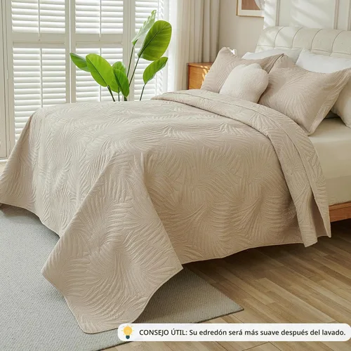 Vista 3 de Cmfshape Juego de edredón beige tamaño Queen – Ropa de cama ligera de hoja de palmera, edredón crema neutro, juego de edredón beige Queen y opción