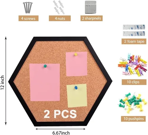 Vista 4 de Tablón de anuncios de corcho para paredes, tablero hexagonal de 1/2 pulgada de grosor para paredes con marco, corchete pequeño negro con 10 pines