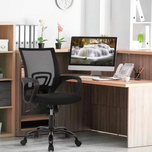 Vista 2 de Silla de escritorio para computadora, ergonómica, respaldo medio, silla de malla con soporte lumbar y reposabrazos, moderna, altura ajustable Negro
