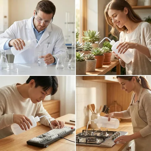 Vista 8 de 2 botellas de plástico blanco translúcido de 16.9 fl oz de 17.6 onzas líquidas con recipiente de medición graduado, boquilla de punta curvada