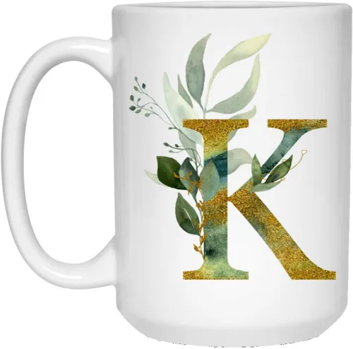 Vista 3 de Alpha/K - Taza de café con letra K gráfica, monograma de letra K, dorada, brillante, cualquier letra, alfabeto floral, té, café, taza de chocolate