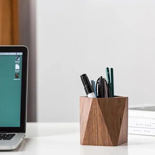 Vista 5 de Sokelinn-six Portalápices de madera de nogal, tazas de soporte de lápiz de madera, organizador estacionario de escritura de escritorio, suministros