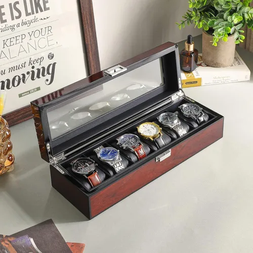 Vista 5 de IBUYKE JWB006H - Caja de reloj con almohada extraíble de 6 ranuras de madera maciza para hombre, organizador de joyas con tapa de cristal grande
