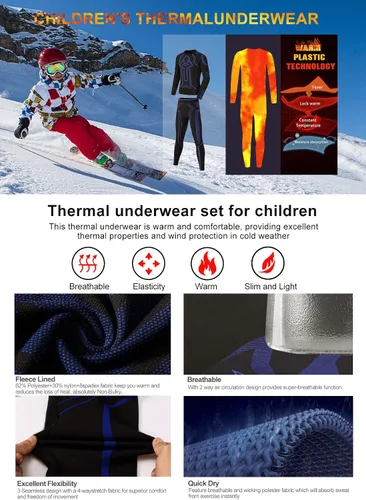 Vista 2 de MeetHoo Conjunto de ropa interior térmica para niños capa base de pantalones largos con forro polar para niños