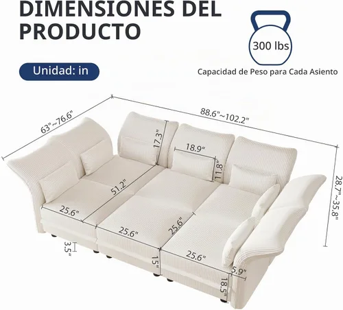 Vista 2 de LLappuil Sofá seccional beige con almacenamiento, sofás modulares de pana para sala de estar con apoyabrazos ajustables, cojines de felpa gruesos, 6