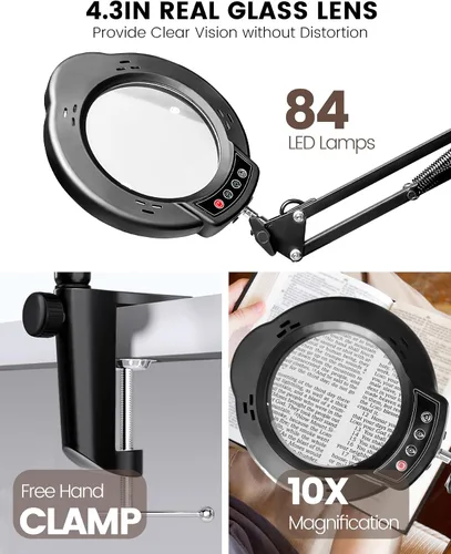 Vista 2 de TANYO 10X Magnifying Glass with Light, LED Magnifier Light with Clamp 5 Color Modes, Stepless Dimmable, Real Glass Lens, Hands Free, Close Work