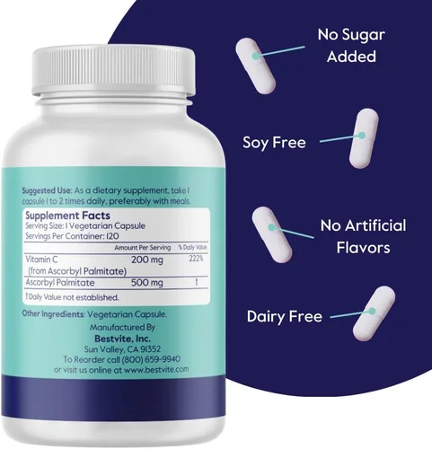 Vista 2 de BESTVITE Palmitato de ascorbilo 500 mg (120 cápsulas vegetarianas) - Sin estearatos - Sin rellenos - Sin agentes de flujo