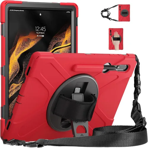 Vista 7 de Funda a prueba de golpes para Galaxy Tab S8 Ultra de 14.6 pulgadas 2022, funda resistente con cinturón de mano giratorio de 360°, correa de hombro