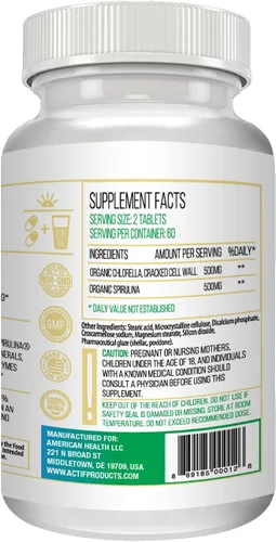 Vista 4 de ACTIF Clorella y espirulina orgánica 100% limpiada en el océano, sin OMG, el mejor suplemento de dieta vegana y desintoxicante, fabricado en Estados