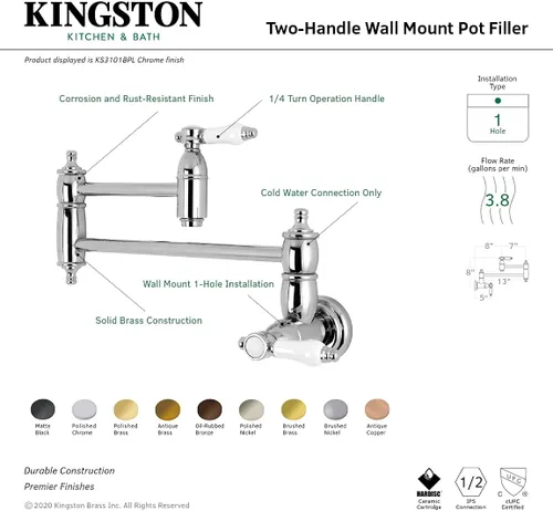 Vista 6 de Kingston Brass KS3103BPL - Grifo de cocina para relleno de olla de montaje en pared, latón antiguo