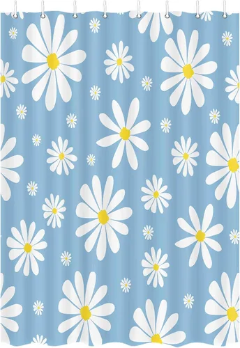 Vista 2 de Cortina de ducha con diseño floral de margaritas azules para caravana, remolque, baño, lindo juego de cortinas de ducha de tela estrecha y corta