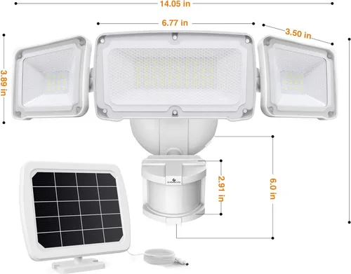 Vista 7 de GLORIOUS-LITE - Luz de seguridad solar para exteriores, luz LED solar de 1600LM con sensor de movimiento y 3 cabezales ajustables, 5500K