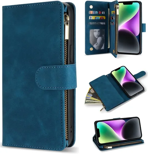 Vista 17 de ZZXX Funda tipo cartera para iPhone 14 Plus con [Bloqueo RFID] Ranura para tarjetas Cuero PU suave premium con cremallera tipo folio plegable