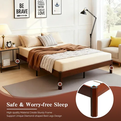 Vista 3 de Base de cama de plataforma de tamaño matrimonial para dormitorio, marcos de cama de madera resistente de 14 pulgadas con listones de madera, fácil