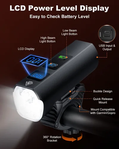 Vista 4 de Luces de bicicleta 2026 para conducción nocturna, luces de bicicleta recargables de 5000 mAh delanteras y traseras, 11+5 modos de juego de faros