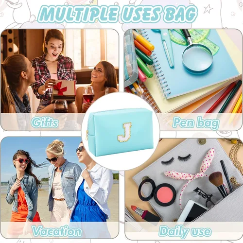 Vista 3 de URSKYTOUS Regalos para niñas, bolsa de maquillaje con inicial, bolsa de cosméticos personalizada con cremallera, bonita bolsa de aseo de viaje, Azul