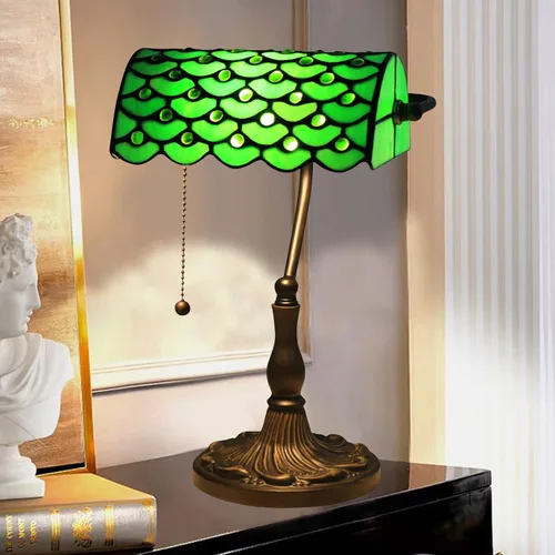 Vista 2 de Green Bankers - Lámpara de mesa vintage, luz de escritorio retro, lámpara de escritorio de oficina de vidrieras Tiffany, lámpara de cuentas