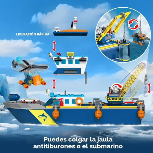 Vista 8 de HiWEEGO City Floatable Boat Building Set with LED Light - Ocean Arctic Explorer Ship Building Block Kit with Helicopter, Sub Exploration Toy