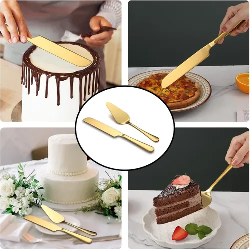 Vista 7 de Kyraton Juego de cuchillos y servidores dorados para tartas de boda, chapado en titanio dorado, juego de corte de pastel de acero inoxidable