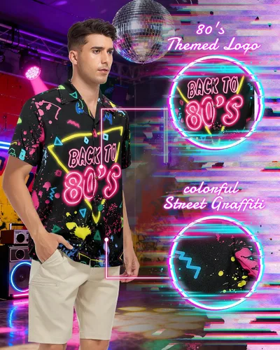 Vista 2 de Zando Traje de los años 90 y 80 para hombre, divertida camisa hawaiana retro de manga corta con botones para discoteca, fiesta temática y playa