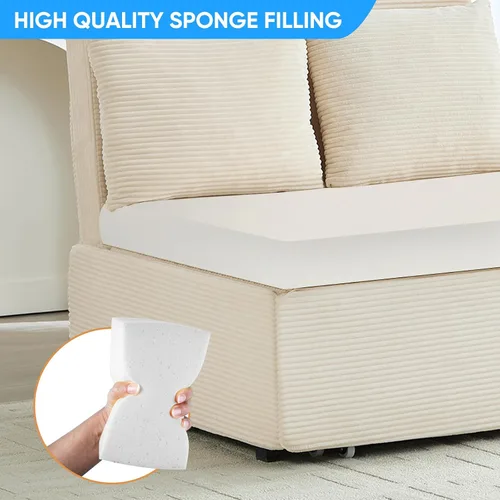 Vista 3 de PUREMIND Sofá cama extraíble 3 en 1 tamaño individual, sofá de pana convertible con almohadas y colchón de espuma viscoelástica de 3.9 pulgadas Beige